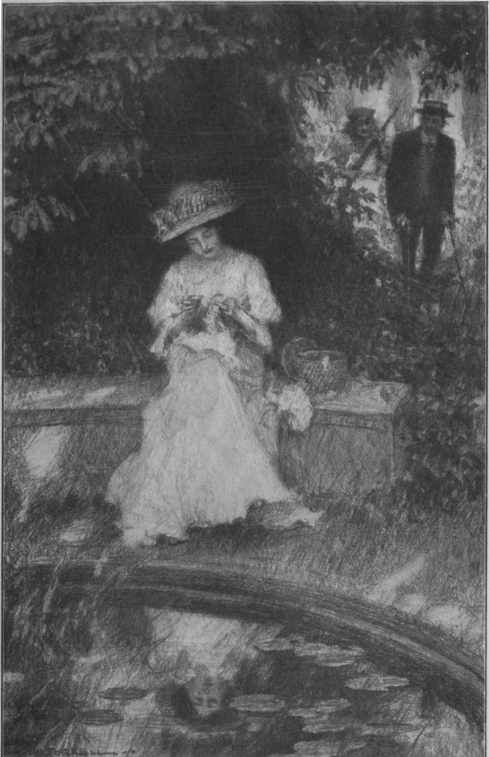 Illustration: MLLE. COIRA O'HARA SAT ALONE UPON THE STONE
BENCH