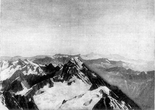 VIEW FROM THE SUMMIT OF MONT BLANC, SHOWING THE MATTERHORN IN THE DISTANCE.
