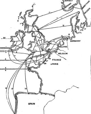 MAP SHOWING CABLES FROM GREAT BRITAIN TO AMERICA AND THE CONTINENT.