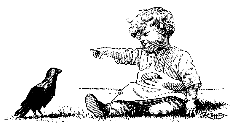 Toddler sitting outdoors pointing at a curious crow