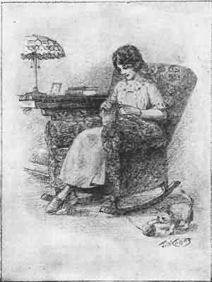 Young Woman Sitting in Easy Chair Sewing