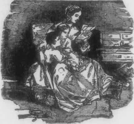 Line Drawing of a Woman Reading a Letter With Two Children