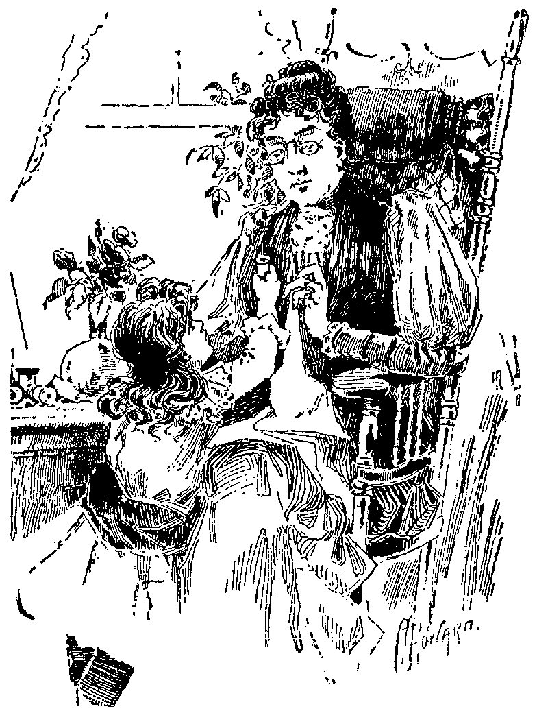 Line Drawing of a Girl Handing a Spool of
Thread to a Sewing Woman