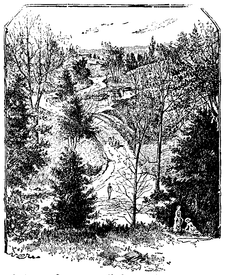 Line Drawing of a Wooded Scene with People