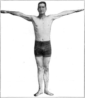 FIG. 2.—ARMS CROSS

On the "Cross" position the arms should be straight out horizontally
from the body, with the elbows locked. At the same time, resistance
should be placed against the head and neck coming forward at all. These
should be held in exactly the same position as at "Attention." The
tendency is either to let the arms bend a little or to let them drop
below the horizontal, or even to hold them slightly above the level.