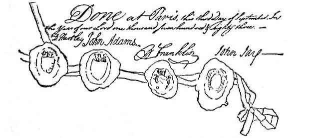 Reduced copy of the signatures and seals of the English
and American commissioners who signed the treaty of peace between
Great Britain and the United States in 1783.