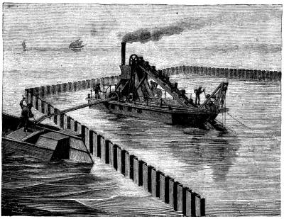  FIG. 3.&mdash;DREDGING WITHIN A SPACE CIRCUMSCRIBED BY IRON PILE PLANKS.