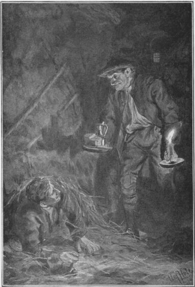 Illustration: THE GOODMAN BROUGHT ME MY MEAT AND A DROP
BRANDY, AND A CANDLE-DOWP TO EAT IT BY, ABOUT ELEEVEN, SAID HE