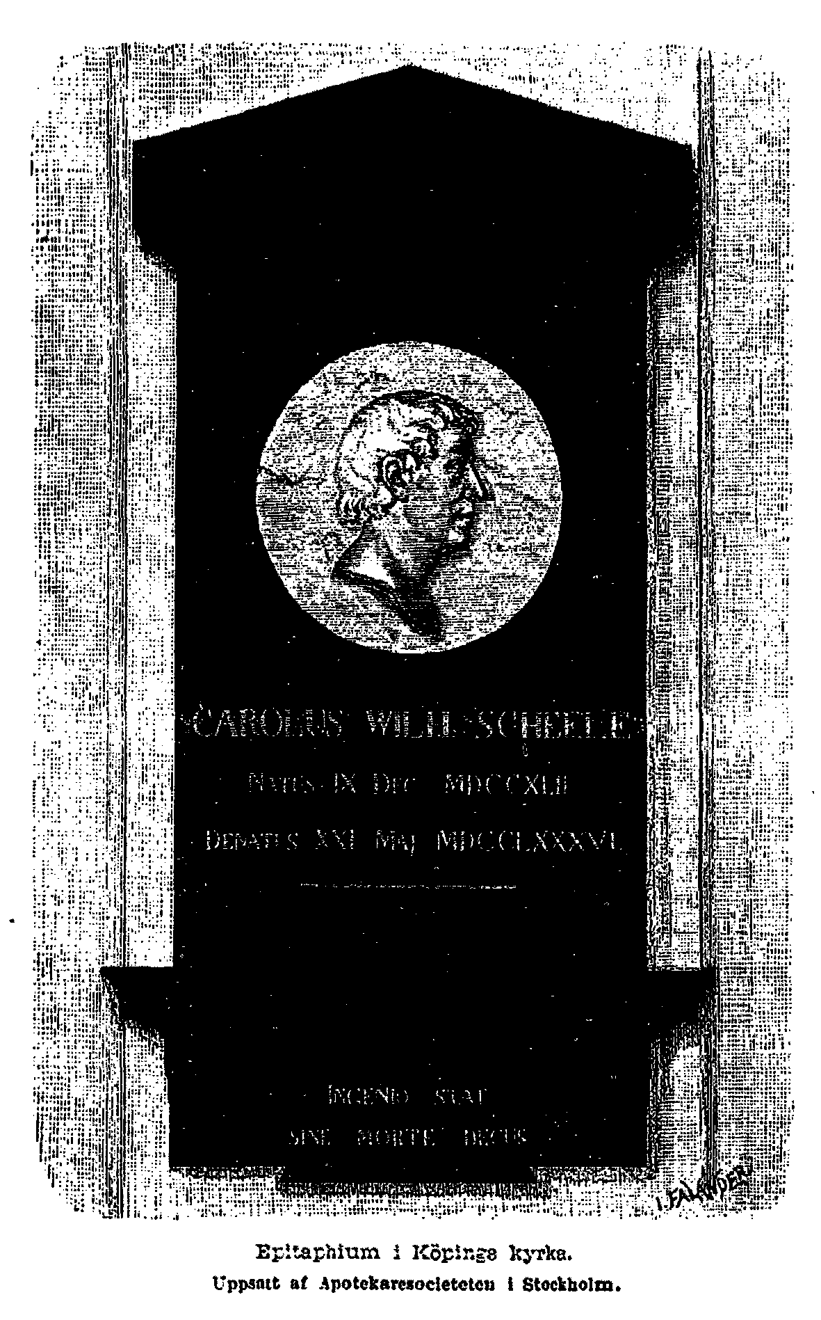 Epitaphium i K&ouml;pings kyrka. Scheeles apparat f&ouml;r beredande af syrgas. (Kopia ur "Luft und Feuer".). Uppsatt af Apotekaresocieteten i Stockholm.