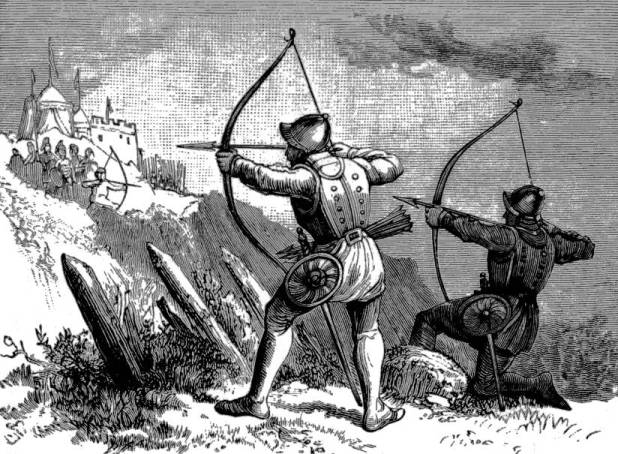 Woodcut of two archers shooting