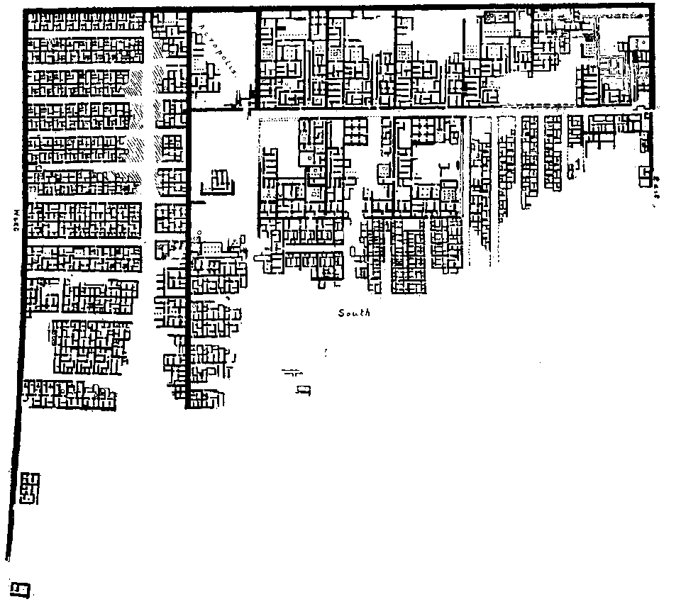 Fig 3.--Plan of three-quarters of the town
of Hat-Hotep-Ûsertesen (Kahûn), built for the
accommodation of the officials and workmen
employed in connection with the pyramid of
Ûsertesen II. at Illahûn. The workmen's quarters
are principally on the west, and separated from the
eastern part of the town by a thick wall. At the
south-west corner, outside the town, stood the
pyramid temple, and in front of it the porter's lodge.
Reproduced from Plate XIV. of Illahûn, Kahun,
and Gurob, W.M.F. Petrie.