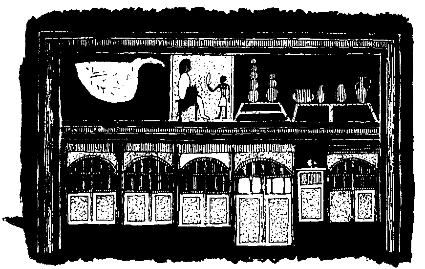Fig 10.--Wall-painting in a Twelfth Dynasty house. Below
is a view of the outside, and above a view of the inside of
a dwelling. Reproduced from Plate XVI. of Illah�n, Kahun,
and Gurob, W.M.F. Petrie. 