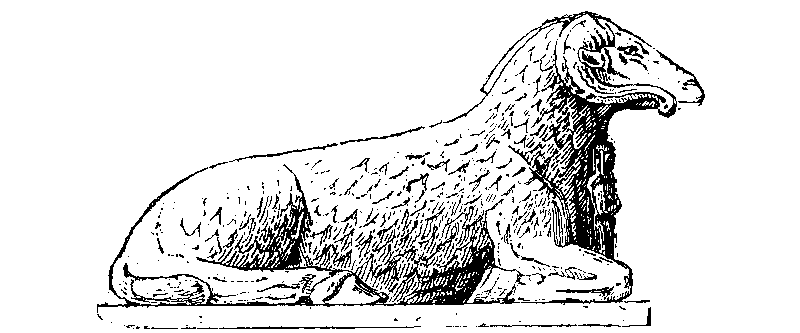 Fig 95.--Couchant ram, with statuette of royal founder,
restored from the Avenue of Sphinxes at Karnak. 