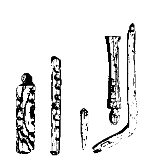 Fig 255.--Fire-sticks, bow, and unfinished drill-stock,
Twelfth Dynasty; Illah�n, Kahun, and Gurob, W.M.F. Petrie, Plate
VII., p. 11.