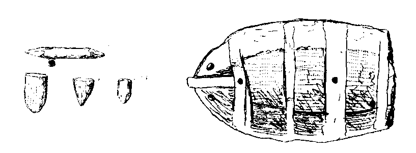 Fig 257.--Tops, tip-cat, and a terra-cotta toy boat,
Twelfth Dynasty; Kahun, Gurob, and Hawara, W.M.F. Petrie,
Plates VIII., IX., p. 30. 