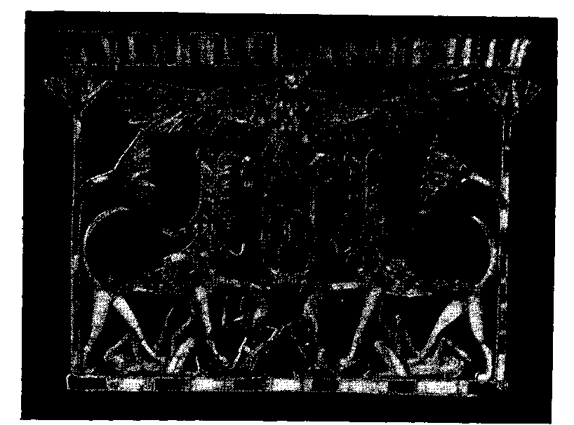 Fig 297.--Gold <i>cloisonn�</i> pectoral bearing cartouche
of �sertesen III. From Dahsh�r, found 1894, and now
in the Gizeh Museum. 