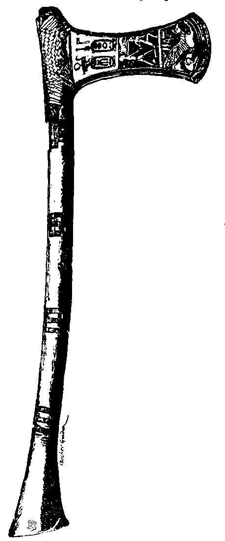 Fig 306.--Funerary battle-axe of Queen Aahhotep, bearing
cartouche of King Ahmes I. 