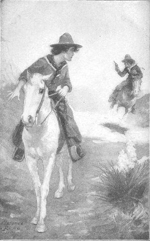 THE RIDER SLEWED IN THE SADDLE WITH HIS WHOLE ATTENTION UPON
POSSIBLE PURSUIT. Frontispiece. Page 33