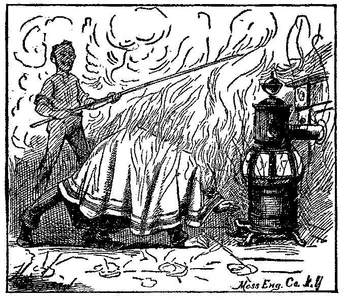 A man wearing a blanket covered in flames reaches for a stove.