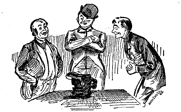 Three men stand around a beat-up hat.