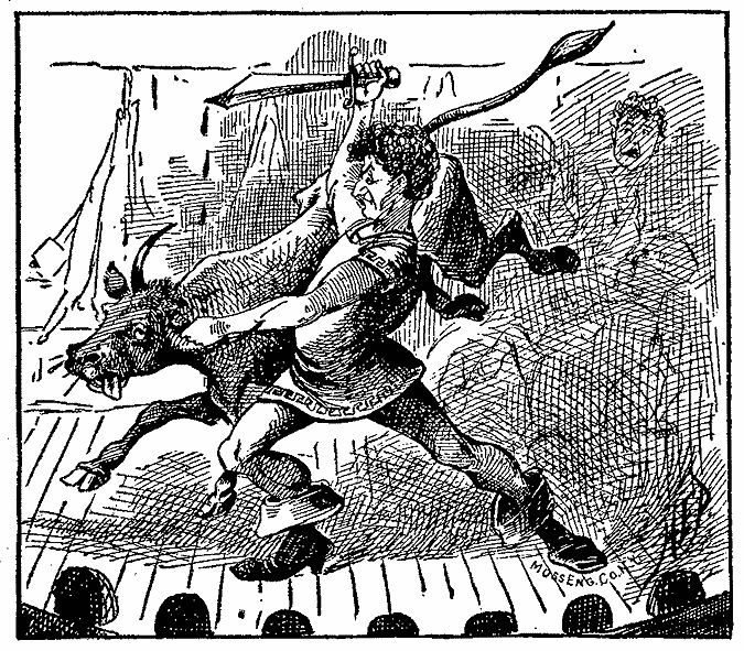 A man in on stage stabs at a bull.