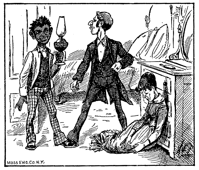 A black man looks on as a woman falls against a dresser and a man looks angry.