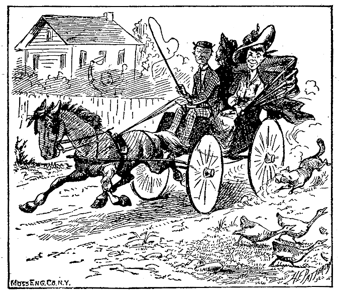 A smiling woman and a man ride out in a carriage.