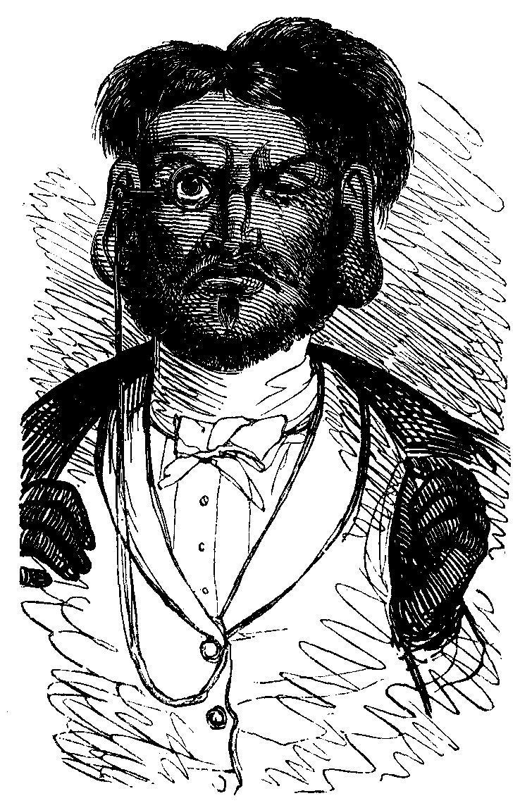 A dark-skinned man with drooping ear lobes, wearing English clothes and a monocle.