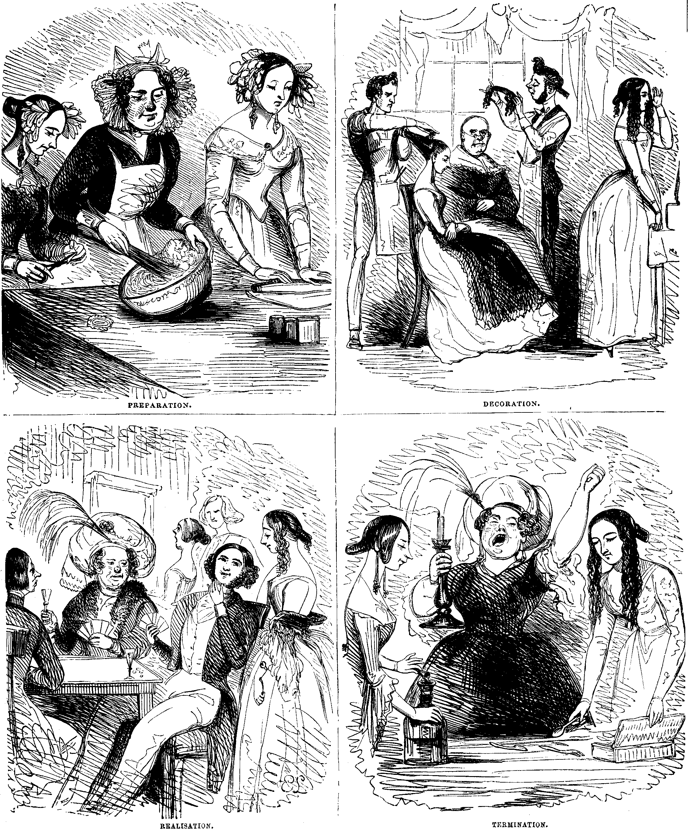 Scenes of a matron and a young woman preparing for a party.