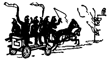 A cart of people carrying torches racing towards a burning building.