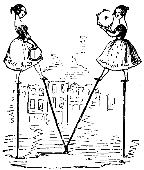 Two women on stilts for a letter M.