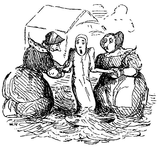 A youth is plunged into a river by two women.