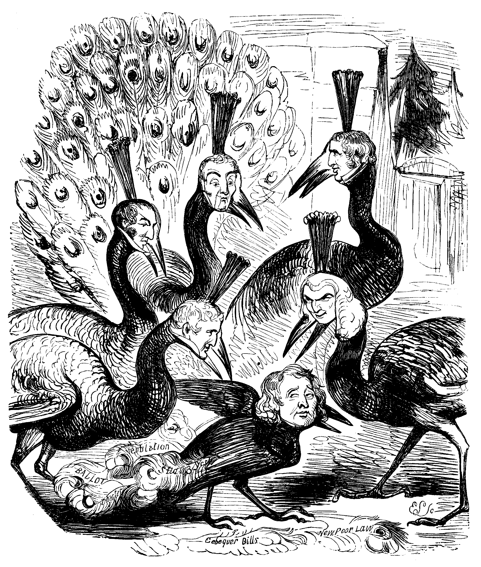 A group of peacocks with men's faces look down on a blackbird with a man's face.