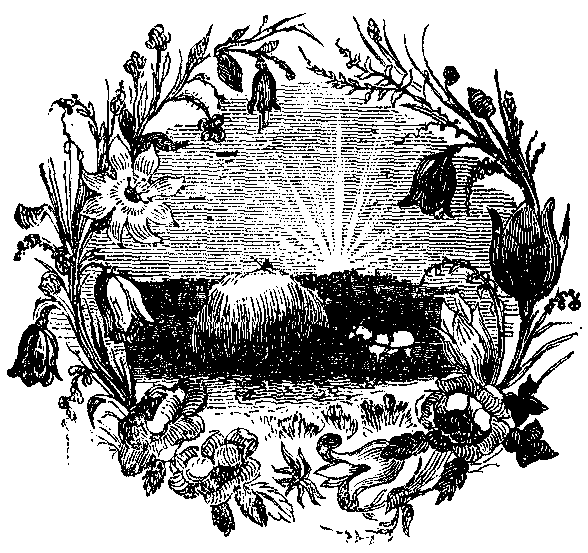 A buccolic scene in a wreath forms a letter O.