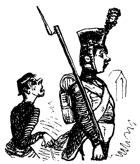 A man picks the pocket of a soldier.