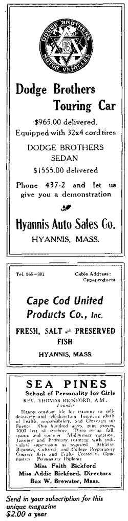 Advertisements: Dodge Brothers Touring Car, Cape Cod United Products, Sea Pines School.