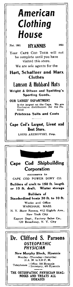 Advertisements: American Clothing House, Cape Cod Shipbuilding, Dr. Parsons.