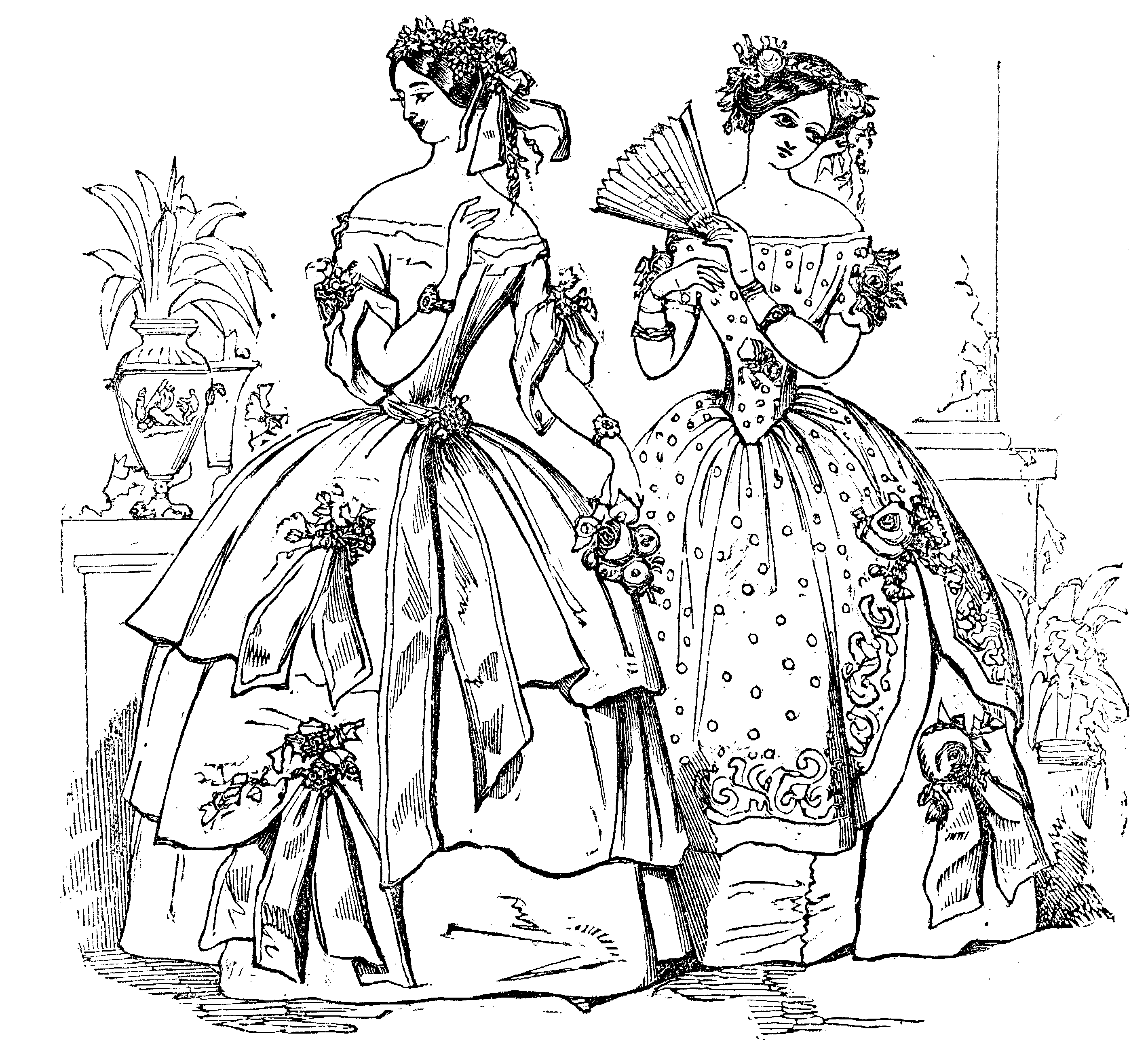 Two fashionable ladies, one with fan