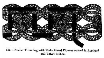 Crochet Trimming, with Embroidered Flowers worked in Appliqué and Velvet Ribbon.