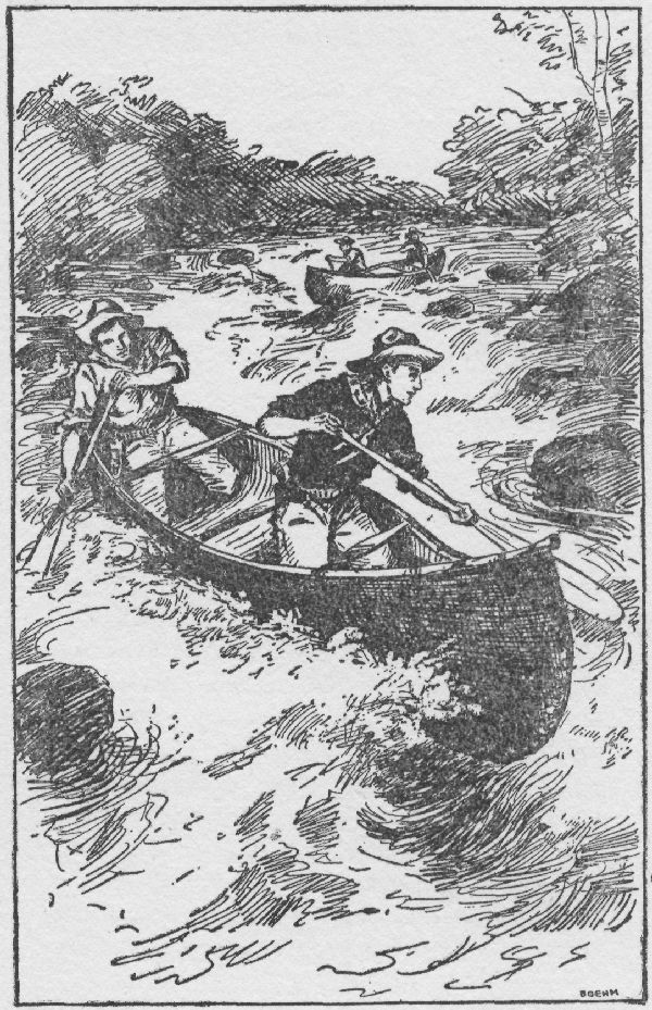 IMMEDIATELY THE TWO ADVENTUROUS CRUISERS WERE IN THE
RAPIDS.—Page 141. The Outdoor Chums After Big Game.