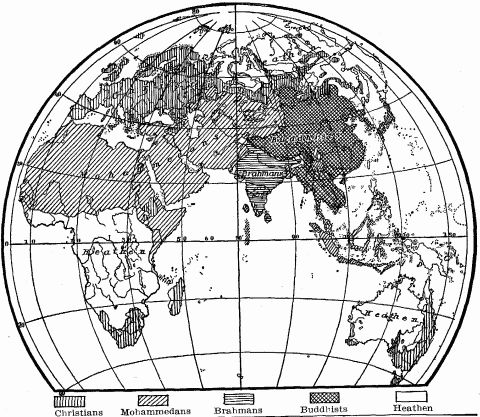 Distribution Of Religions In The Old World (World map showing distribution of Christians, Mohammedans, Brahmans, Buddhists, and Heathen).