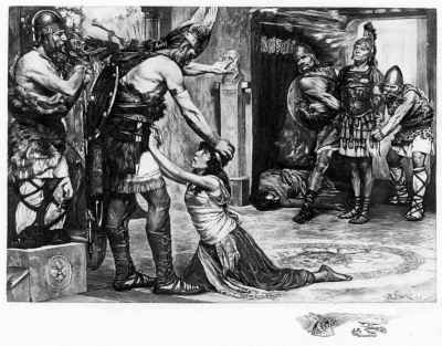 A captive's wife pleads with the barbarian chief for the life of her husband