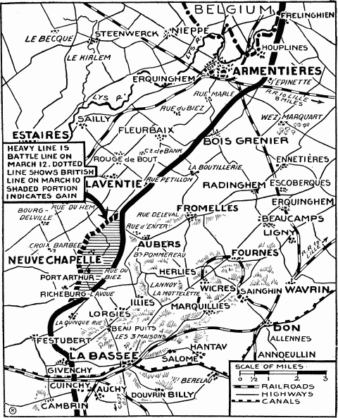 Map showing the field of the Battle of Neuve Chapelle and its position in the Allied line.
