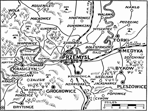 Map of the Siege of Przemysl. The small triangles indicate outlying fortified hills with their height in feet.