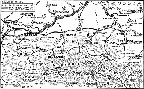 Map showing the scene of action between Przemysl and Cracow and the Carpathian Passes.