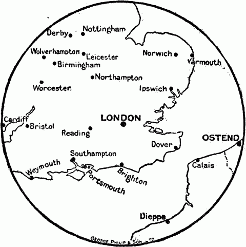 This map shows the comparative distances from London of Ostend and of some English towns. London is in the exact center of the map.