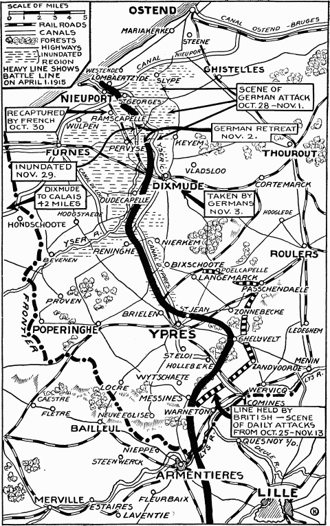 Map illustrating the Battle of Flanders, the Battle of Ypres, and the terrain of the frustrated German efforts to reach Dunkirk and Calais.