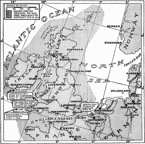 Map Showing Locations of Ships Attacked in Submarine War Zone with American Citizens Aboard.