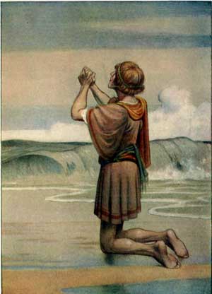 TELEMACHUS KNELT WHERE THE GRAY WATER BROKE ON THE SAND