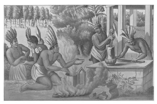 Native Americans Preparing and Cooking Cocoa.

Ogibe's "America," 1671.